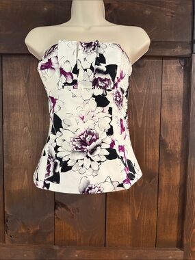 Strapless Floral Peplum Top in White, Black & Purple